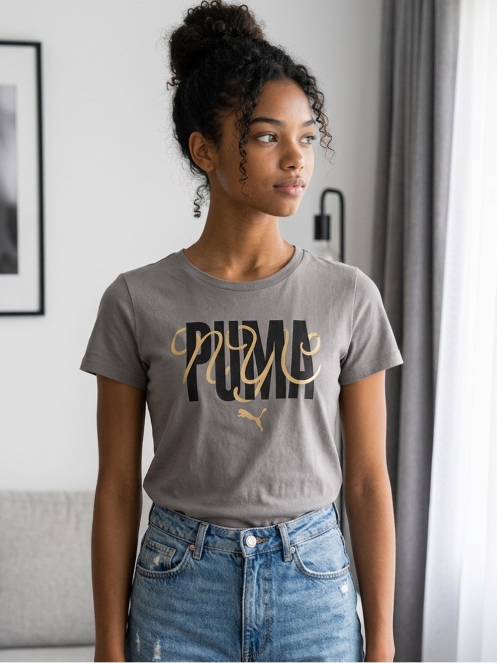 Nwt Puma Women’s Gray Short Sleeve Nyc Gold Script Graphic Tee Shirt- Size Small